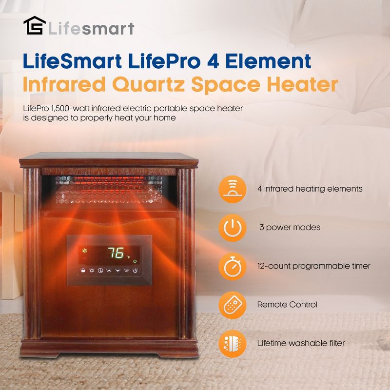 Lifesmart LifePro 1500W Portable Electric Infrared Quartz Space Heater for Indoor Use with 4 Heating Elements and Remote Control, Brown Oak Wood, 2 of 7