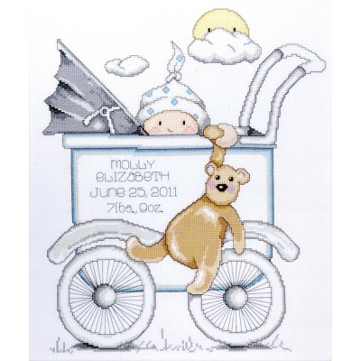 Tobin Counted Cross Stitch Kit 13"X15"-Baby Buggy Boy Birth Record (14 Count)