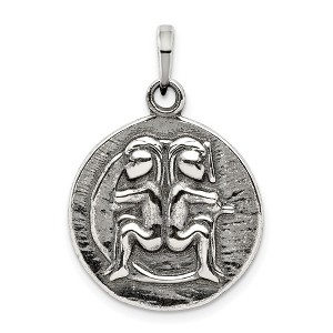 Black Bow Jewelry Sterling Silver Gemini the Twins Zodiac Embossed Circle Pendant - 1 of 4