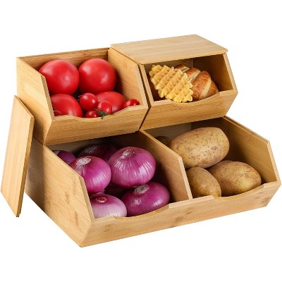 Set of 3 Bamboo Pantry Storage Bins with Lids, Stackable, for Potatoes & Onions