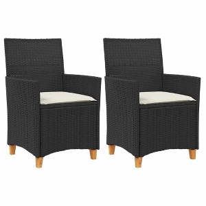 vidaXL Patio Chairs with Cushions Outdoor 2 Pcs Poly Rattan and Solid Wood - Black Rattan Armrest - 1 of 4