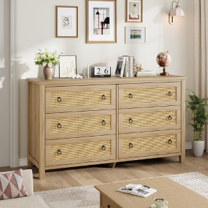 Rattan 6 Dresser for Bedroom, 47.2" Wide Dresser, Boho Wide Drawer Dresser with Storage, Wooden Closet Dressers Chest of Drawers - 1 of 4