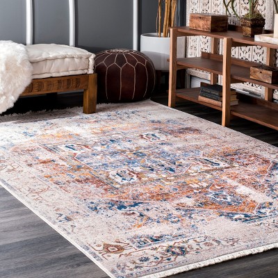 Ivory Synthetic Stain-Resistant Rectangular Area Rug 7x9