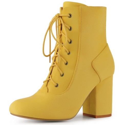 Perphy Women's Round Toe Chunky High Heel Lace Up Ankle Boots Yellow 8 ...