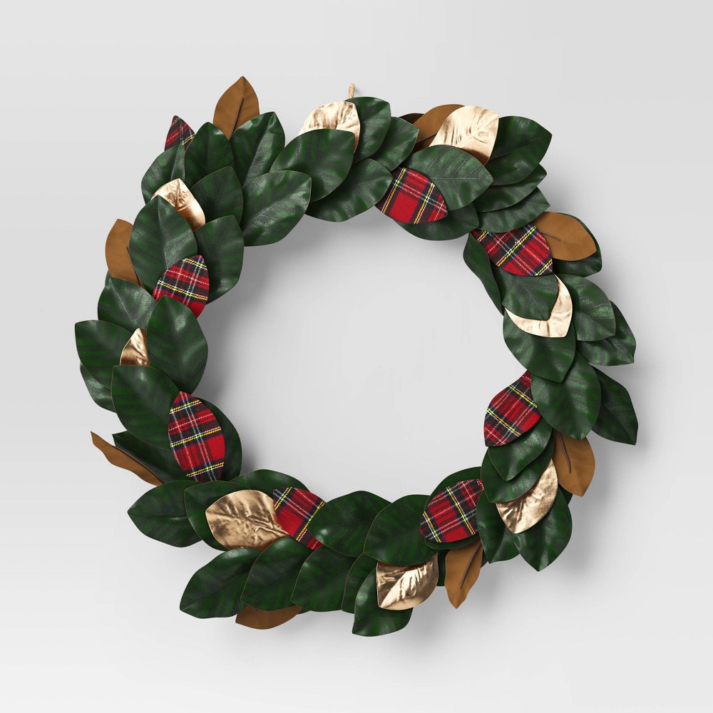 28" Mixed Leaves Artificial Christmas Wreath Green/Plaid/Gold - Wondershop™