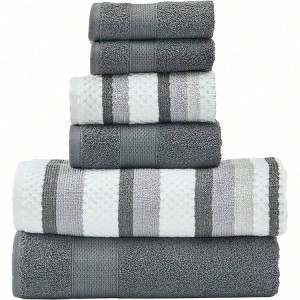 6 - Piece Reversible Yarn - Dyed Jacquard Towel Set - Super Absorbent, Quick Dry, 100 Combed Cotton, 27x54 16x28 13x13 - 1 of 4