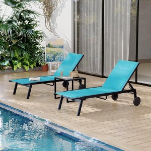 Outdoor Lounge Chairs With Wheels - Adjustable Backrest, Poolside Loungers, Patio Chaise Lounge Chairs, Side Table Set of 3 - 1 of 4