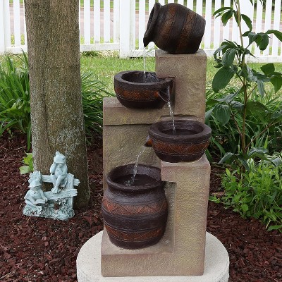 30-Inch Brown Polystone Solar Powered Cascading Water Fountain with LED Light