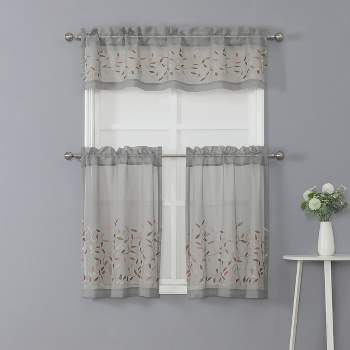 Kate Aurora Shabby Sheer Embroidered Complete 3 Piece Floral Rod Pocket Cafe Kitchen Curtain Tier & Valance Set