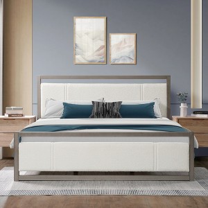 King Size Platform Bed with Ivory Boucle Fabric Headboard - 1 of 4