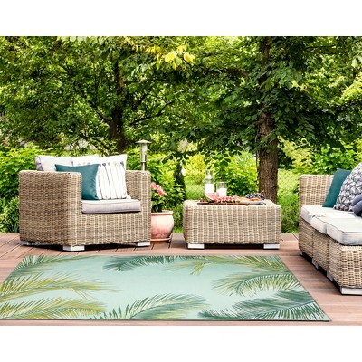 Aqua and Green Palm Leaf Indoor/Outdoor Rectangular Rug
