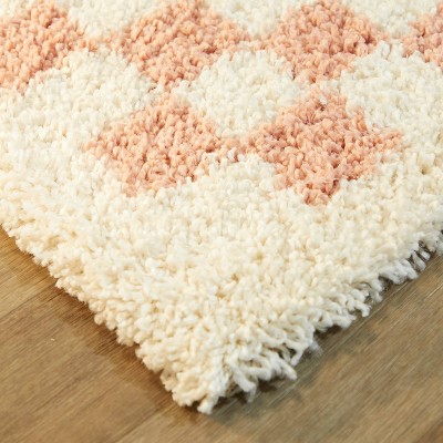 Pink and White Checkered Square Shag Kids' Rug
