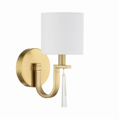 Satin Brass Single Light Sconce with White Linen Shade
