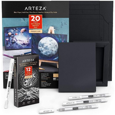 Arteza Black and White Contrast DIY Drawing Bundle Kit with 12 White Gel  Pens and a Black DIY Frame Pad