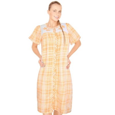 JEFFRICO House Dresses for Women with Pockets - Lightweight Breathable Short Sleeve Muumuu & Nightgowns - Snap Front Housecoat and Dusters