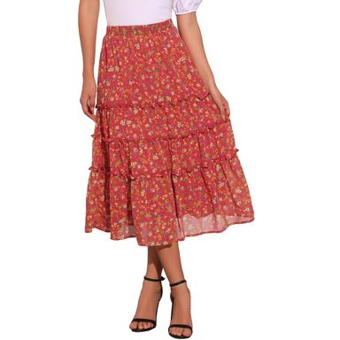 INSPIRE CHIC Women's Floral Elastic Waist Tiered Ruffle Boho Midi