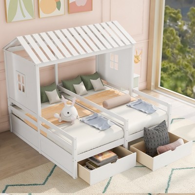 Twin Size House Platform Beds With Two Drawers, Combination Of 2 Side ...