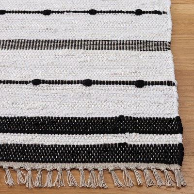 Boho Chic Black and Ivory Striped Kilim 5' x 8' Wool Area Rug