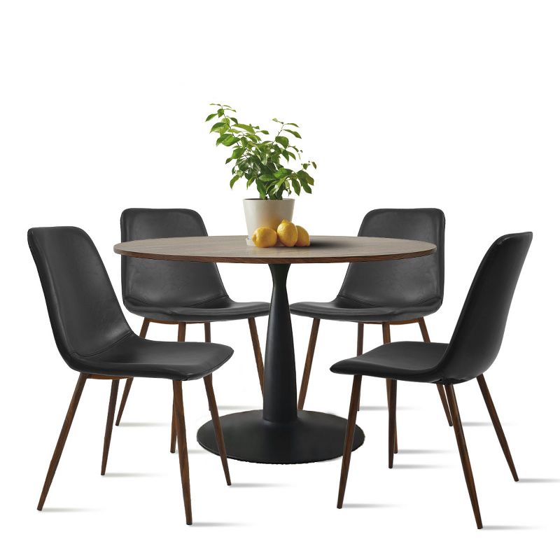 Harold+Bingo Modern 5 Piece Black Round Dining Table Set with Black Faux Leather Dining Chairs Set of 4 with Walnut Finish Legs-Maison Boucle, 2 of 8