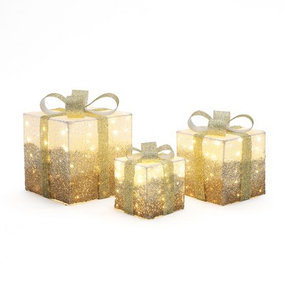 LuxenHome 3-Piece Pre-Lit White Crackle Gift Box Set with Timer White, Gold
