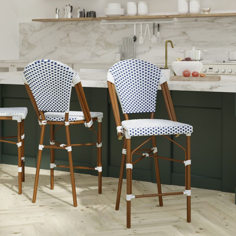 Emma and Oliver Set of Two Indoor/Outdoor 26" High Stacking French Bistro Counter Stools with Patterned Seat and Back and Metal Frames, 2 of 12