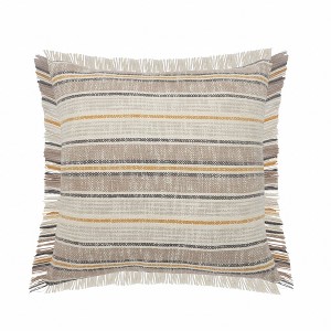HomeRoots 20" X 20" Taupe Gray Yellow And Navy 100% Cotton Striped Zippered Pillow - 1 of 4