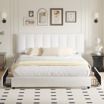 VECELO Upholstered Bed Frame with 4 Storage Drawers and Adjustable Velvet Headboard