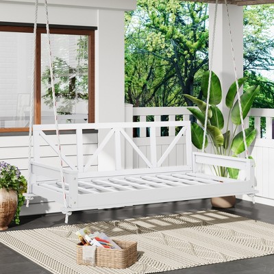 GDFStudio Joe Patio Acacia Wood Twin Size Porch Swing Bed with 16.4ft Hemp Ropes