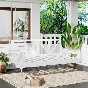GDFStudio Joe Patio Acacia Wood Twin Size Porch Swing Bed with 16.4ft Hemp Ropes - 1 of 4