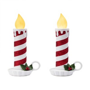 Mr. Christmas 9.5" Set of 2 Flickering LED Resin Glittery Striped Candles - Red & White - 1 of 3