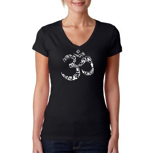 LA Pop Art Women's Word Art V-Neck T-Shirt - THE OM SYMBOL OUT OF YOGA POSES - 1 of 4