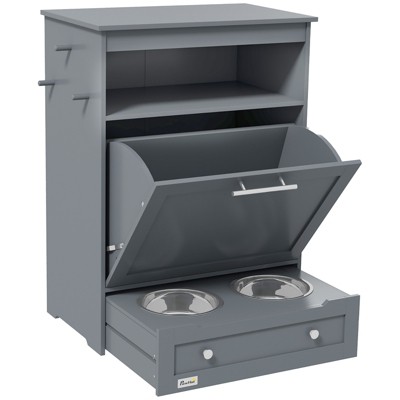 DSVIMOY Pet Feeder Station, Storage Cabinet Dog Food Storage Container with Raised Dog Bowls and Hanger, Gray, 24"*14"*32.25"