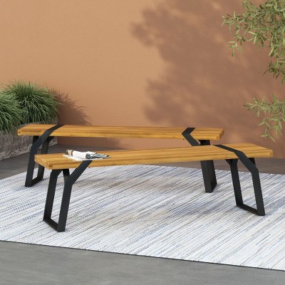 2pcs 63 Inch Outdoor Modern Industrial Bench, Weather Resistant Garden Wooden Bench, Picnic Long Bench, Rectangular Dining Seat