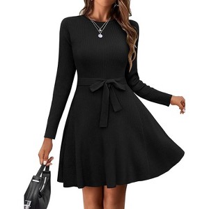 Zeagoo Women's Fall Winter Casual Dress Crewneck Long Sleeve A-Line Sweater Dress Bodycon Ribbed Knit Dress with Belt - 1 of 4
