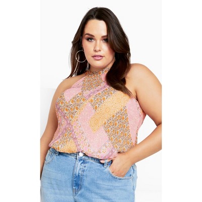 Women's Plus Size Halter Pleat Print Top - | CITY CHIC