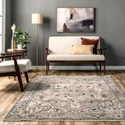 Elegant Light Brown Medallion Fringe 4' x 6' Synthetic Area Rug