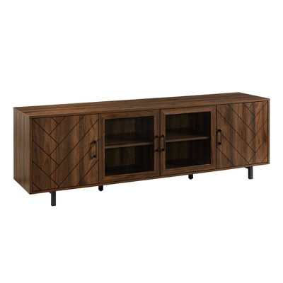 70" MDF Scandinavian 4-Door Herringbone TV Stand with Tempered Glass, Adjustable Shelves, and Cord Management for Living Room and Bedroom