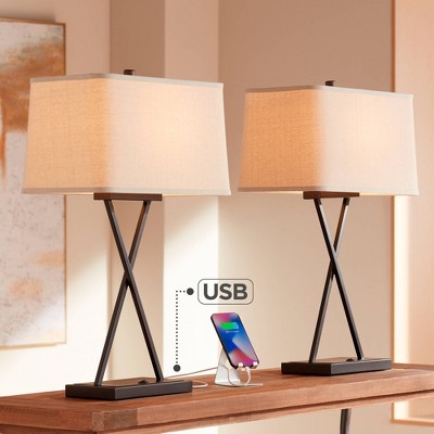 Megan Bronze Metal Table Lamps with USB and Fabric Shades, Set of 2