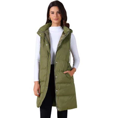 INSPIRE CHIC Women's Long Casual Sleeveless Zippered Hooded Down Puffer Vest Green Small