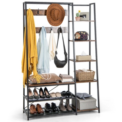 Freestanding Closet Organizer, Modern Garment Rack with Drawers &  ShelvesRustic Brown & Black