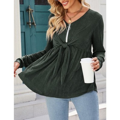 Women's V Neck Blouse Half Zip up Casual Tunic Shirts Babydoll Chest Tie Knot Shirts Ruched Flowy Hem Tunic Tops