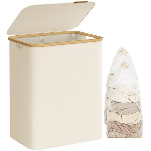 SONGMICS Laundry Hamper with Lid 3-Section Large Laundry Basket Removable Mesh Liner Bamboo Handles Collapsible - 1 of 4
