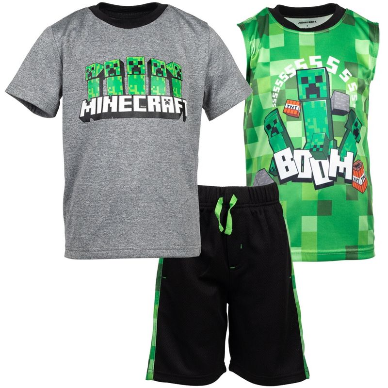 Minecraft Creeper Graphic T-Shirt Tank Top and Mesh Shorts 3 Piece Outfit Set Little Kid to Big Kid, 1 of 10