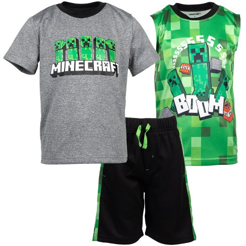 Minecraft Creeper Little Boys Graphic T-shirt Top Mesh Shorts Piece Outfit Set Black / Green / Grey 4 :