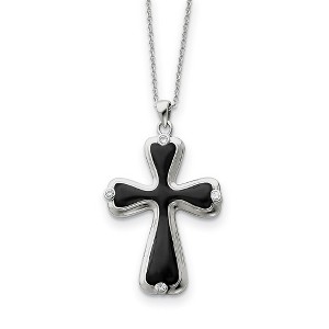 Black Bow Jewelry Sterling Silver, Black Enamel & CZ My Refuge Cross Necklace, 18 Inch - 1 of 4