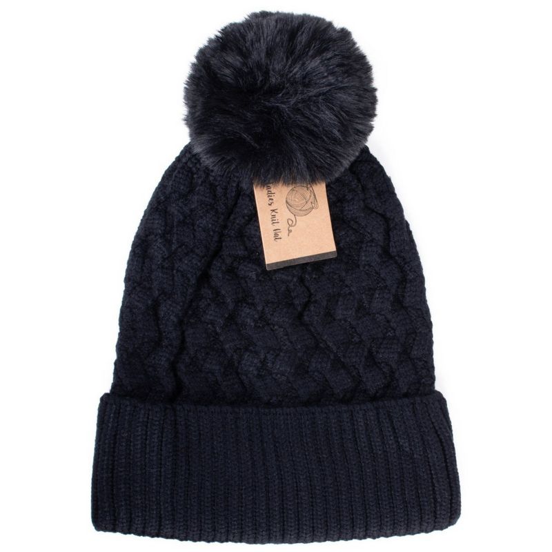 Women's Solid Color 100% polyester Cable Knit Hat with pom, 2 of 4