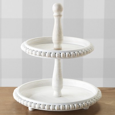 Lakeside Decorative Beaded Tabletop 2-Tier Cake Tray with Distressed Finish