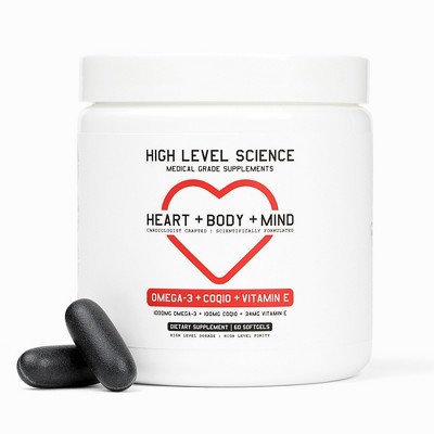 High Level Science CoQ10, Omega-3, Vitamin E - for Heart + Body + Mind Health - DHA/EPA Bioavailable Fish Oil - Gluten Free