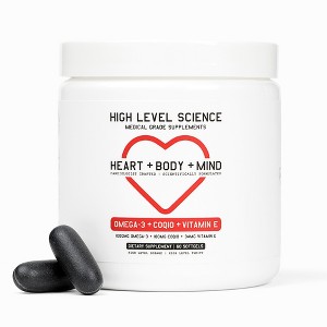 High Level Science CoQ10, Omega-3, Vitamin E - for Heart + Body + Mind Health - DHA/EPA Bioavailable Fish Oil - Gluten Free - 1 of 2