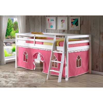 White Pine Twin Loft Bed with Pink Playhouse Tent